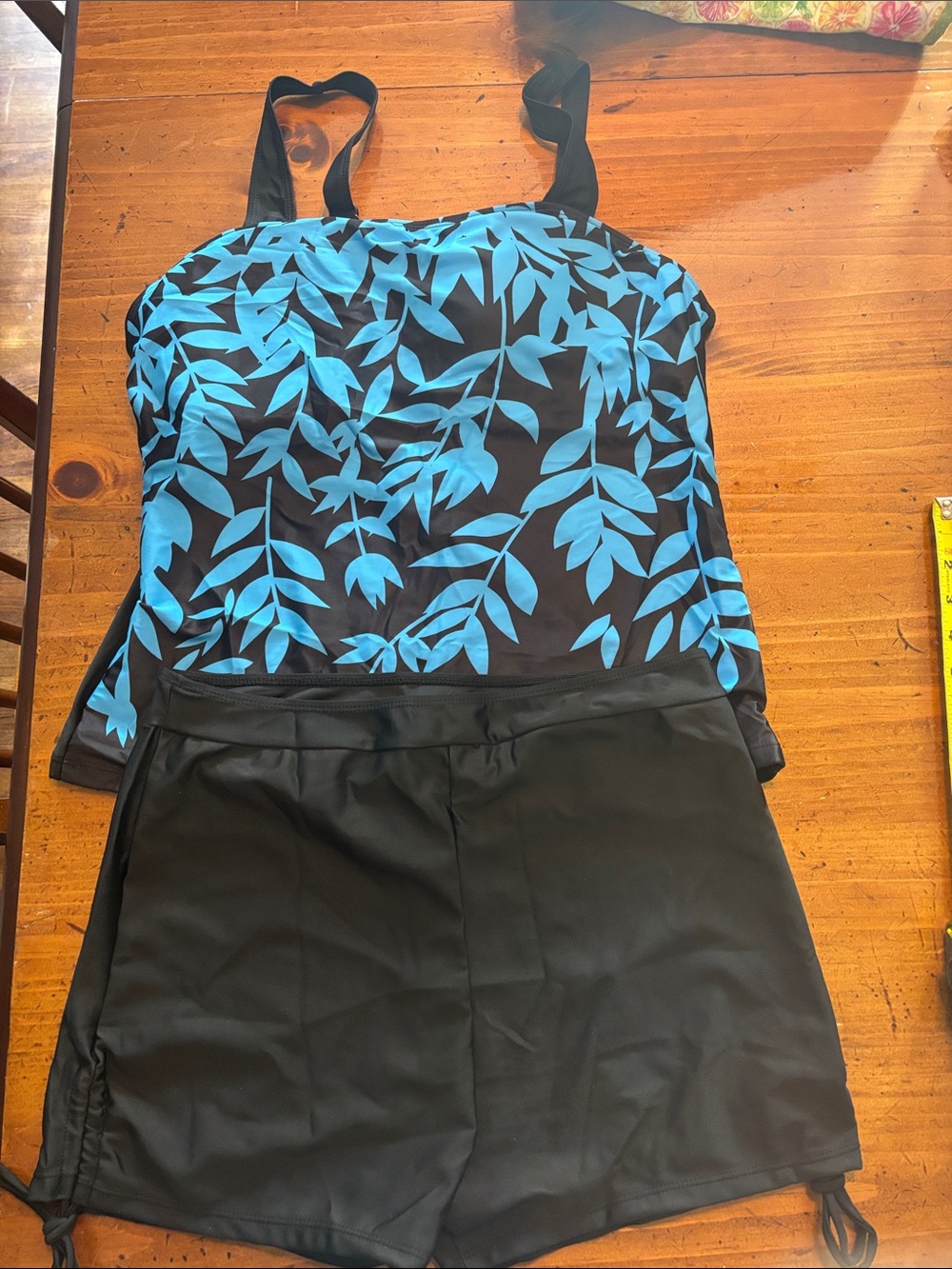 Blue Leaf Print Black Tankini 2 piece